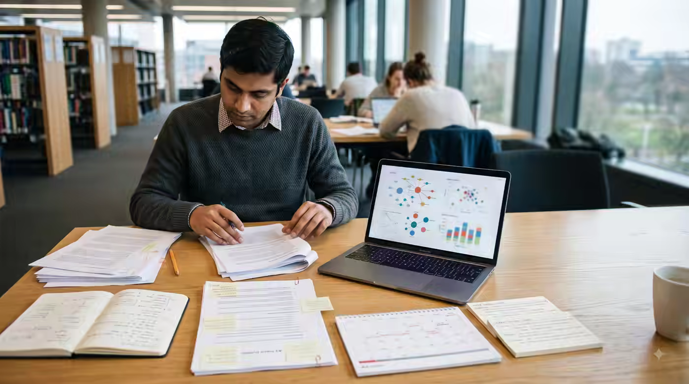 Researcher reviewing thesis materials, notes and data visualisations in a university library.