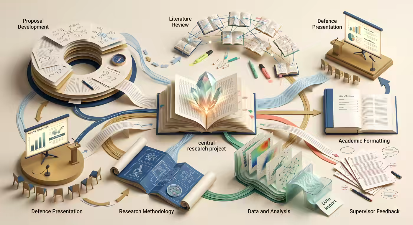Illustrated thesis workflow connecting proposal development, literature review, methodology, analysis, formatting, feedback and defence preparation.
