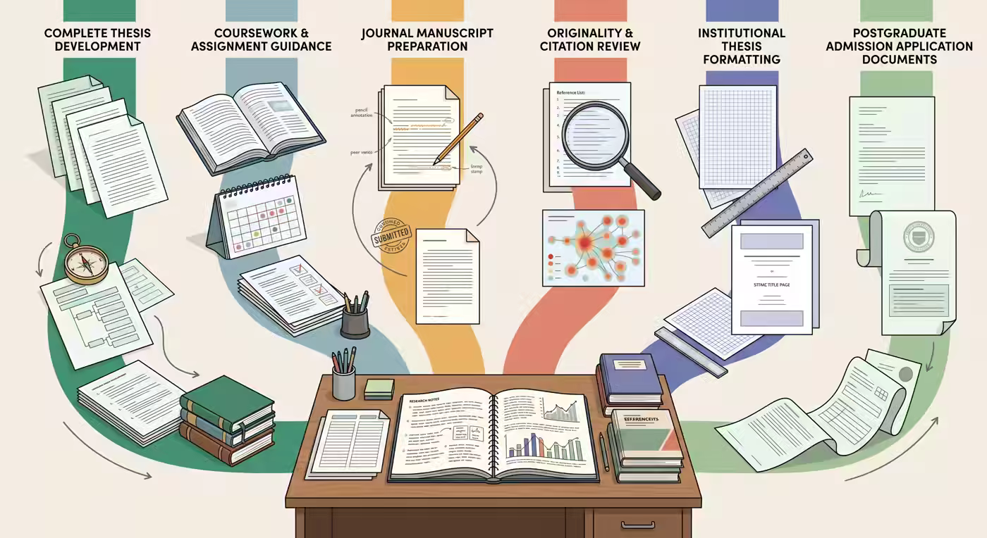 Illustrated overview of six PT Writers service pathways from thesis development to postgraduate application documents.