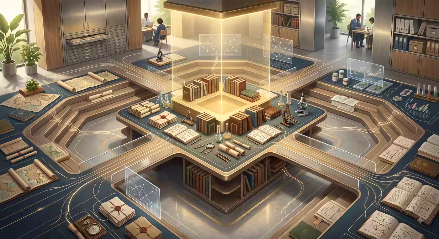 Illustrated research knowledge library connecting books, archival materials, scientific tools and data.