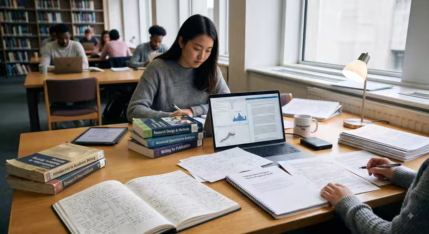 Student working through research training materials, analysis software and academic writing resources in a library.