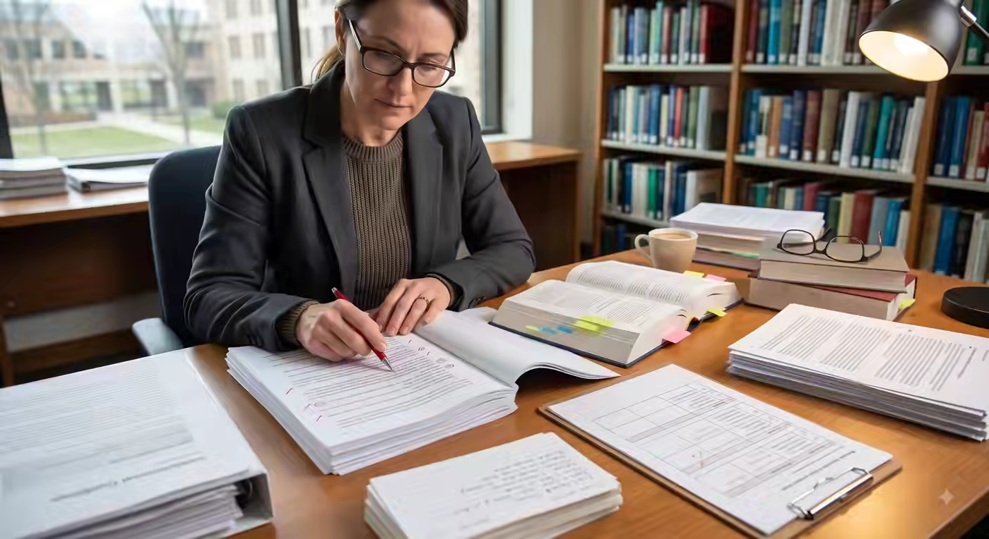 Academic reviewer checking a manuscript, references and structured feedback in a library.